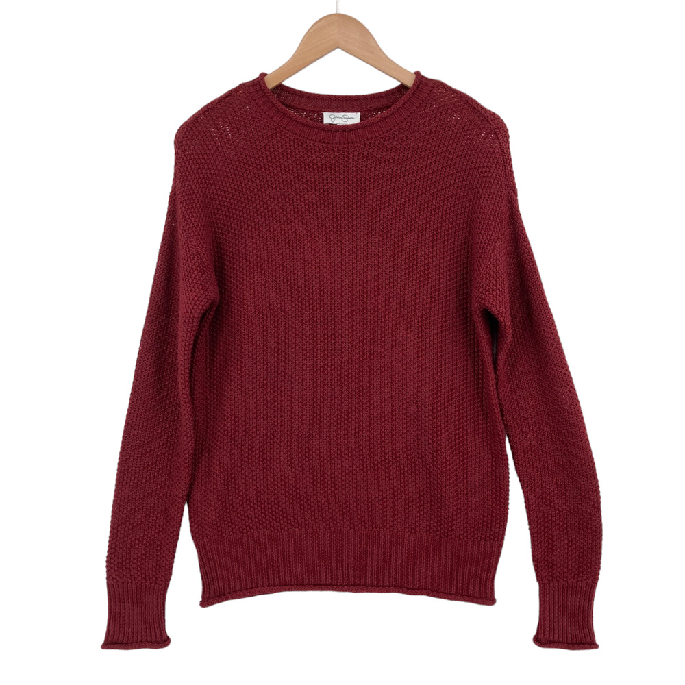 Jessica Simpson Sweater Womens Small Maroon Knit Long Sleeve Crew Neck Pullover